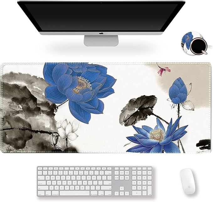 ARTSO Large Gaming Mouse Pad with Stitched Edges, XXL Extended Keyboard Mat Long Mousepad Desk Decor Writing Pad 35.1x15.7 in, Non-Slip Base for Work, Game, Office, Home, Blue Lotus Ink Painting