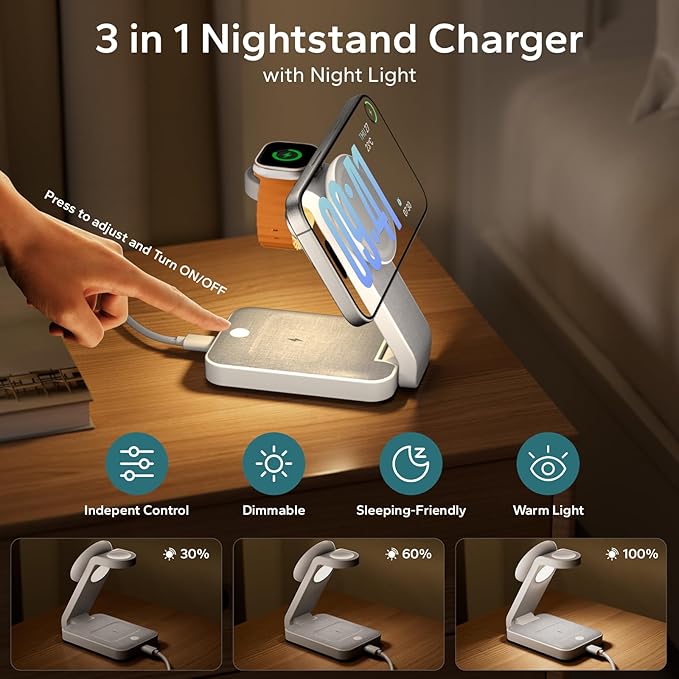 Eazpower 3 in 1 Foldable Wireless Travel Charging Station for MagSafe, Nightstand Magnetic Charger Stand for iPhone 17 16 15 14 Pro Max, Charging Dock with Night Light for Apple Watch/AirPods (White)
