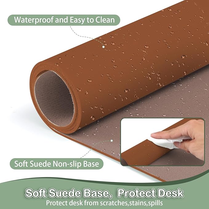 Boutilon Leather Desk Pad Protector,Non-Slip Mouse Pad,Laptop Desk Pad,Office Mouse Mat,Waterproof Leather Desk Blotter,Desk Writing Pad for Office and Home (L-Brown,35"x 17")