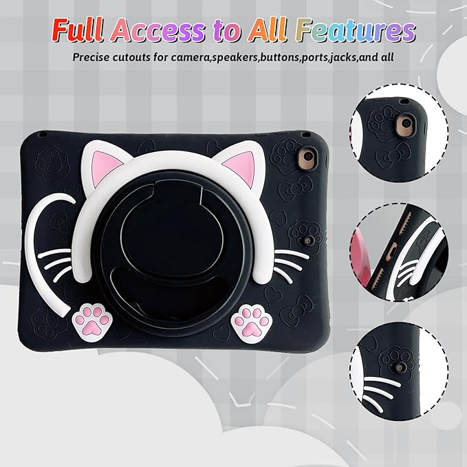 Dteck for iPad 9th/8th/7th Generation Case 10.2",Cute Cartoon Funda 3D Unique Design Light Rotating Handle Stand Shoulder Strap Soft Silicone Drop Rugged Shockproof Protective Kid-Proof Case,Black Cat