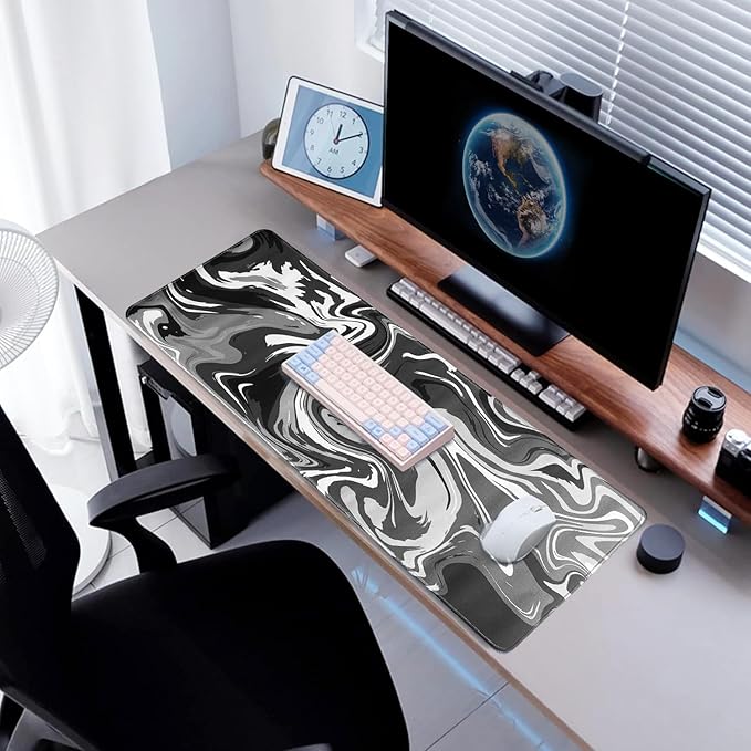 Gaming Mouse Pad XL XXL with World Map(31.5 x 11.8in), Desk Mat&Large Mouse Pad Keyboard Mat 3MM Anti Slip and Waterproof Rubber Mouse Pad (Black Marble Fluid Design)…