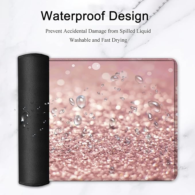 Large Gaming Mouse Pad, Extended Waterproof Desk Pad Protector (31.5" x 11.8") Ergonomics Memory Foam Mouse Wrist Rest Support, for Home Office Laptop Easy Typing, Pink Gilt XXL Pink Mouse Mat
