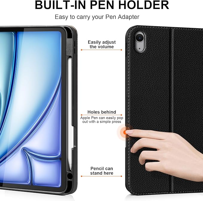 Leather Case for iPad Air 11" M2/M3/M4 (2024-2026) & 10.9" 4th/5th Gen (2020/2022) with Pencil Holder, Auto Wake/Sleep, Adjustable Stand & Magnetic Buckle Closure, Black