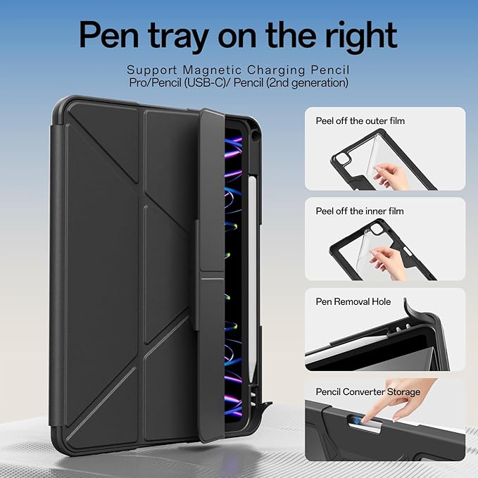 Case for iPad Pro 11 inch (4th/3rd/2nd Generation) 2022/2021/2020 with Clear Back, Multi-Angle Stand, Soft Silicone & Shockproof Tablet Protective Case (Black)