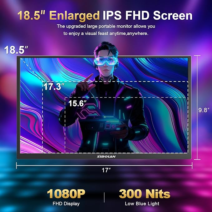Portable Monitor 18.5inch 1080P FHD 100Hz Refresh Rate Gaming Monitor, 72% sRGB, IPS Panel, Dual USB-C & Mini-HDMI for Laptop, PC, Phone, Built-in Kickstand, Speakers