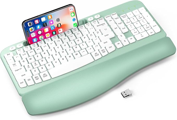 Ergonomic Wireless Keyboard with Cushioned Wrist Rest, Wave Keys, Phone Holder, Comfortable Natural Typing, 2.4GHz Full Size Cordless USB Computer Keyboard for Windows, Mac OS, Laptop, PC (Mint Green)