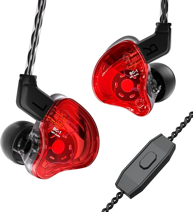 CCZ Melody 1DD 1BA Drivers Wired Earphones, Gaming Earbuds with Microphones, Wired in ear Headphones with Comfortable Ear fins 4N OFC Cable, iems for Gaming PC Laptop Computer (Red, with microphone)