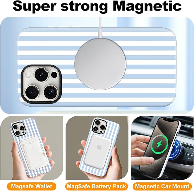 Magnetic for iPhone 16 Plus Case Cute Stripes Phone Case, Shockproof Slim TPU and Hard PC Protective Phone Cover Compatible with MagSafe Designed for Women Girls, Blue and White