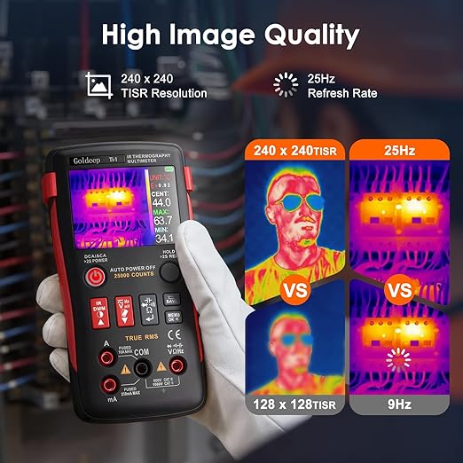 Goldeep 2 in 1 Thermal Imaging Camera, 240 x 240 TISR Resolution, 96x96 IR Resolution with 25000 Counts Multimeter, Professional Digital Multimeter with IR Camera, -4℉-1022℉ Temperature Range (Black)