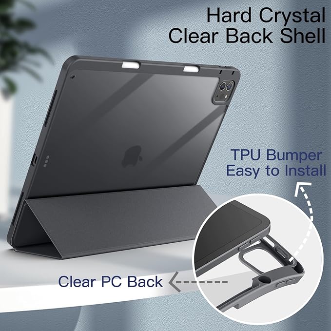 JETech Case for iPad Pro 12.9-Inch (2022/2021/2020/2018) with Pencil Holder, Clear Transparent Back Shell Slim Stand Shockproof Tablet Cover, Auto Wake/Sleep (Space Gray)