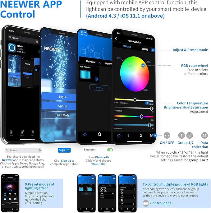 NEEWER 2 Pack RGB Video Light with Tripod Stands NP-F550 Batteries, Studio LED Panel Key Lighting Kit for Game Streaming YouTube Recording Photography Photoshoot Podcast, APP Control/CRI97+, RGB-P280