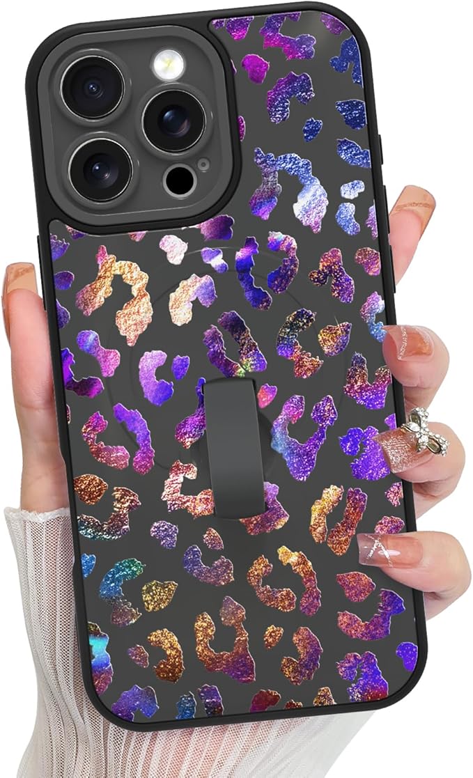 KANGHAR Compatible with iPhone 16 Pro Max Case, Support for MagSafe, Silicone Cute Iridescent Leopard Cheetah Pattern, Wristband Kickstand Shockproof Protective Slim Cover for Women Girls, Black