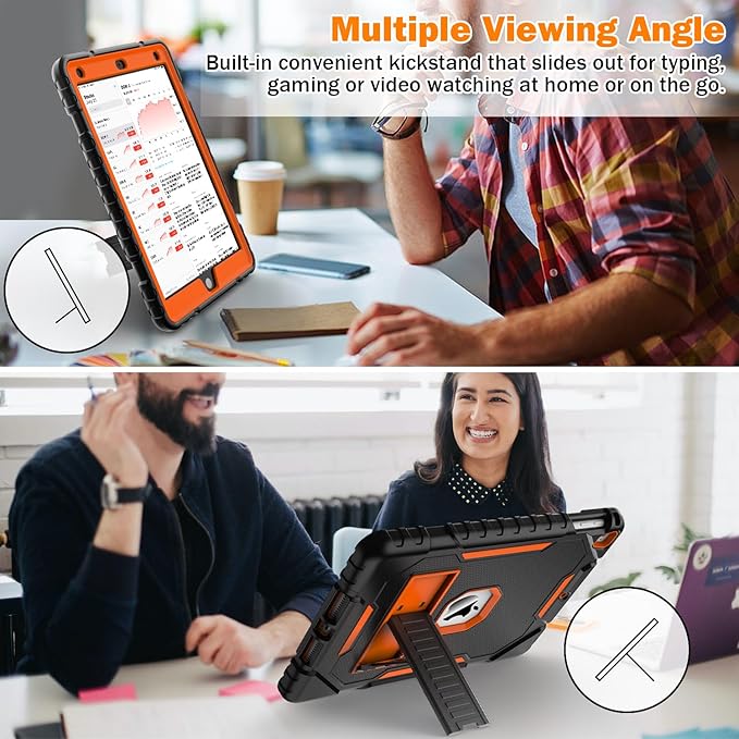 ZoneFoker 9.7" Case for iPad 6th/5th Generation 2018/2017, for iPad Air 2 / Air 1st / Pro 9.7, Heavy Duty Shockproof Protective 9.7 Inch Cover with Built-in Stand for i Pad 6 5 Gen(Black+Orange)