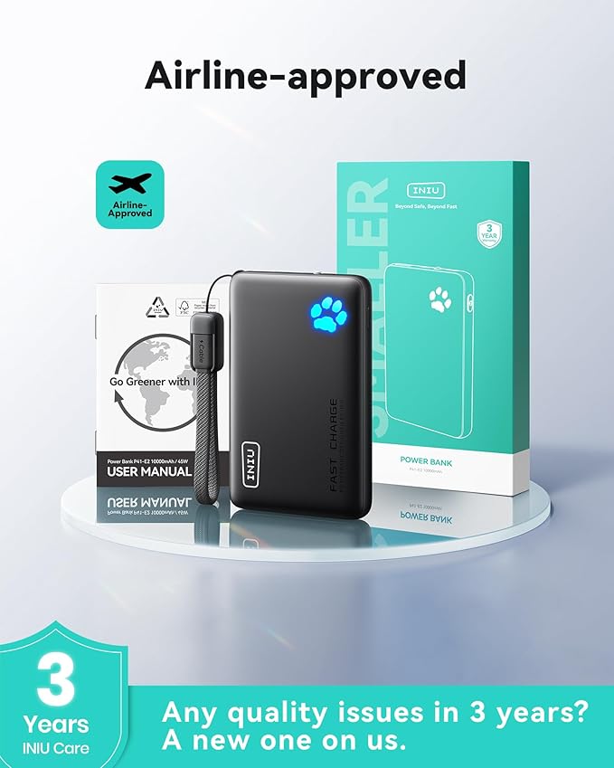 INIU 45W Fast Charging Portable Charger, 40% Smaller 10000mAh with Detachable Cable, Flight-Safe Travel Power Bank, USB C External Phone Battery Pack for iPhone 17 16 Pro iPad Samsung S26 Google etc