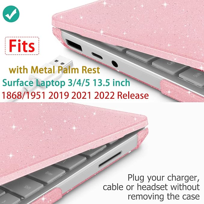 Case for 13.5" Microsoft Surface Laptop 5/4/3 with Metal Palm Rest ONLY 2019-2022 Release Models:1868/1951, Plastic Hard Shell Case with Keyboard Cover & Screen Protector, Sparkly Pink
