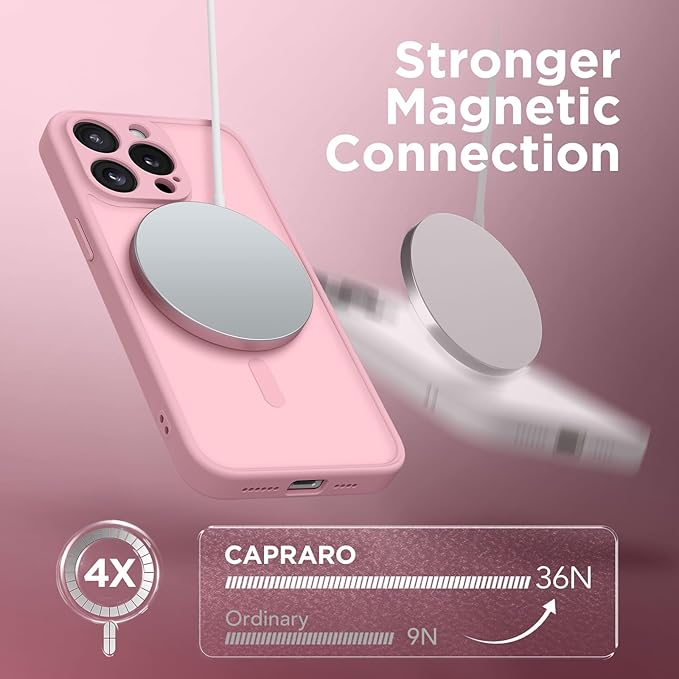 CAPRARO Magnetic for iPhone 15 Pro Case, [Compatible with MagSafe] [Full Camera Protection] Shockproof Protective Slim Translucent Matte Phone Case for iPhone 15 Pro 6.1'', Peach Pink