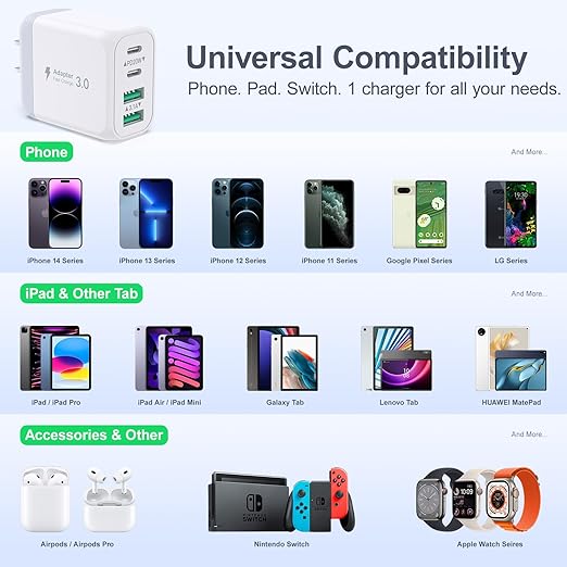 USB C Wall Charger, 40W 4-Port USB C Charger Block, Fast Charging Block Dual Port PD+QC Power Adapter Type C for iPhone 15/14/13/12/11/Pro Max/XS/XR/8, iPad, Samsung Phone, Tablet, with 6FT C-C Cable