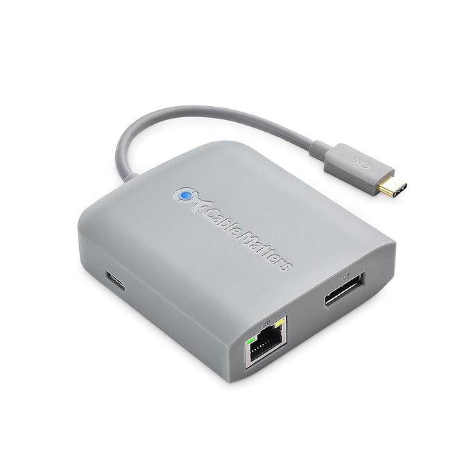 Cable Matters USB C Hub DisplayPort, 4K@60Hz (USBC DisplayPort Hub), 100Mbps Ethernet, 2X USB, 60W Host Charging in Gray - Thunderbolt 4 / Thunderbolt 3 Port Compatible for MacBook Pro