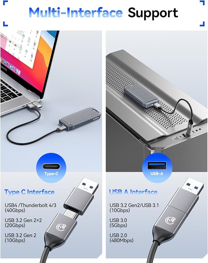 ORICO USB4 40Gbps M.2 SSD Enclosure, Supports Up to 8TB M.2 NVMe SSDs, Finned Aluminum Alloy Case, USB-C to USB-A&C 2-in-1 Cable, Plug and Play, Compatible with Thunderbolt 3/4, USB 3.2/3.1/3.0- M2V01