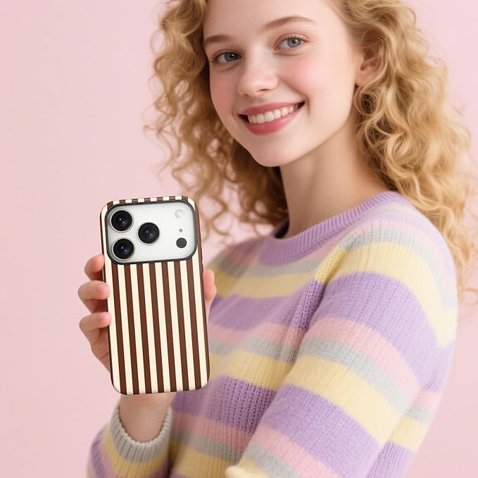 Magnetic for iPhone 17 Pro Case Cute Stripes Phone Case, Shockproof Slim TPU and Hard PC Protective Phone Cover Compatible with MagSafe Designed for Women Girls, Brown