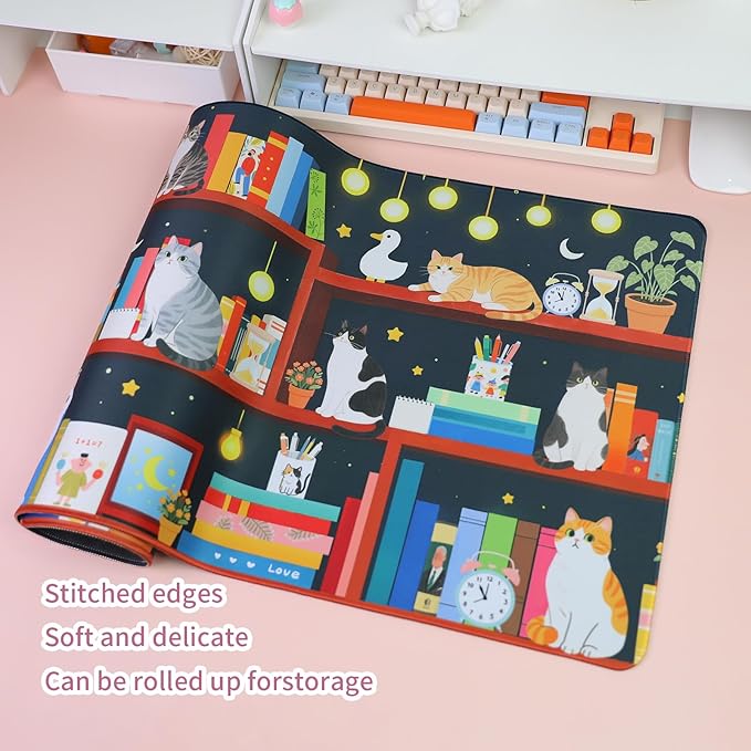 PERFECTSIGHT Cute Cat Desk Pad Kawaii Kitty Desk Mat, Large Gaming Mouse Pad, Funny Deskmat Mousepad, Anime Laptop Keyboard Pad Office Home Decor for Women Girls, Black