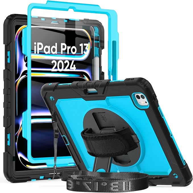 Case Compatible with iPad Pro 13 Inch Case M4 with Screen Protector Pen Holder | Case for iPad Pro 7th Gen Model A2925/A2926/A3007 | Heavy Duty Rugged Case W/Stand Hand Shoulder Strap