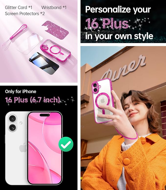 Meifigno Designed for iPhone 16 Plus Case 6.7’’, [Compatible with MagSafe] [1X HD+1X Privacy Screen Protectors] [Glitter Card & Wrist Strap] Surround Lens Protection for iPhone 16 Plus Case, Hot Pink
