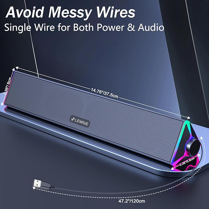 LENRUE Computer Speakers for Desktop,PC Speakers with Single USB for Power and Stereo Sound,Touch Lights Gaming Speakers Sound bar for Desktop PC Laptop(USB-C Adapter Included)