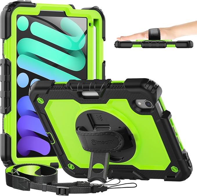 Timecity Case for iPad mini 7/6 with Screen Protector Pencil Holder [360 Rotating Stand ] & Handle/Shoulder Strap, Drop-Proof Case for iPad mini 7th/6th Generation 8.3'' Kids Students Friendly- Green