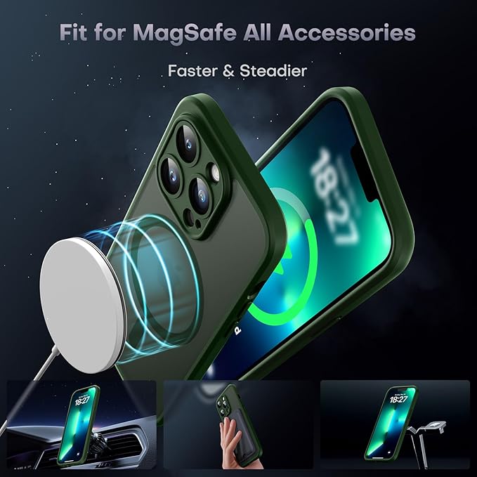 TOCOL Magnetic for iPhone 13 Pro Case Upgraded Full Camera Protection Compatible with Magsafe Drop Protection Translucent Matte Back Bumper Phone Cover 6.1-Inch, Alpine Green