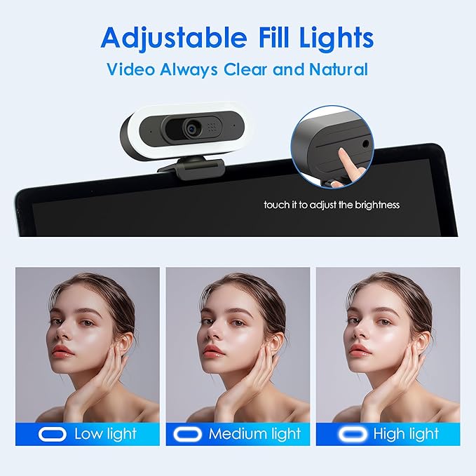 saylas 2K Webcam with Lights, HD Webcam for PC, 2K@60FPS Web cam with Microphone, 65° FOV, Autofocus, Noise Cancellation, Privacy Cover, Web Camera for Computer/Laptop, USB Streaming Computer Camera