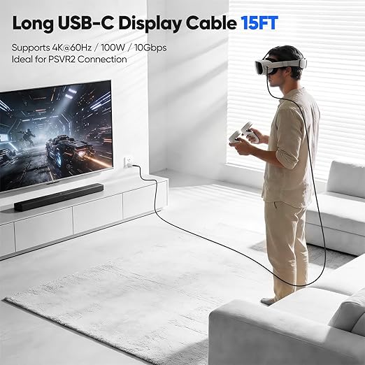 Long USB C Data Cable 15FT, 20Gbps USB 3.2 Gen 2x2 Cord 15 FT Type-C, USBC to C Fast Charging/Data/ Monitor Video Cable(100W, 20Gbps,4K@60Hz) for VR,iPhone 17-15 PM,Sam-sung,MacBook Pro,Camera-4.5M