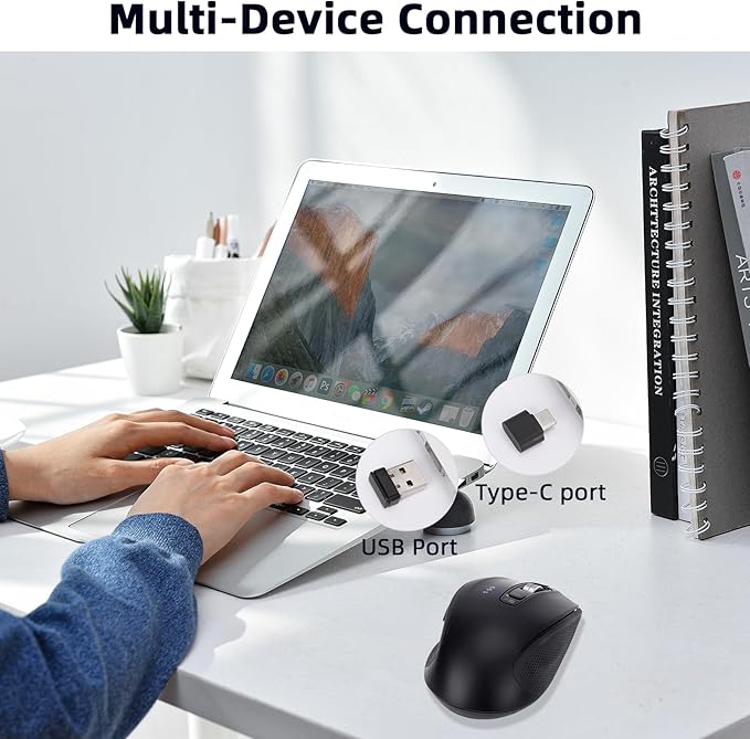 Wireless Bluetooth Mouse with USB-A, USB-C Receiver, Rechargeable, 3-Device, Full-Size, Silent Click, Ergonomic Mice for MacBook/Laptop/Computer/Tablet/PC/iPad-Black
