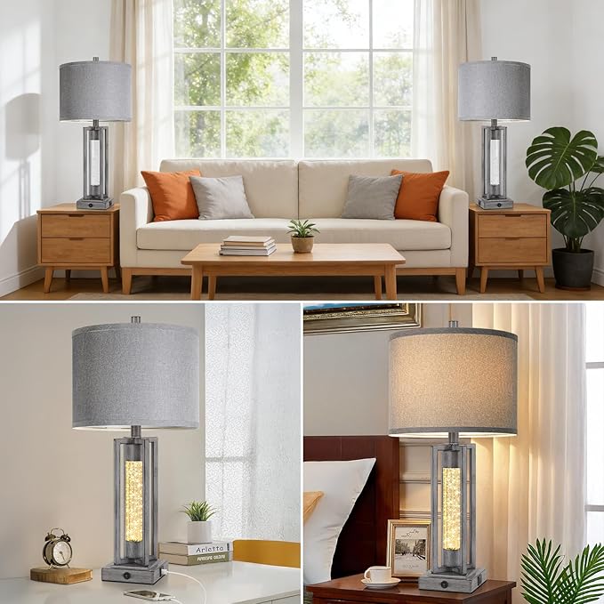 TOBUSA 26’’ Farmhouse Table Lamps for Living Room Set of 2, Modern Nightstand Lamps with Crystal Night Light & 2 USB Ports, Vintage Home Decor Grey Bedside Lamps with Gray Linen Shade for Bedroom