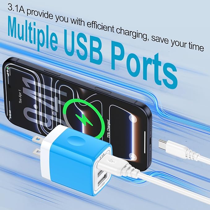 USB Charger Plug, HOOTEK 2Pack 3.1A 3-Multi Port USB Wall Charge Brick Adapter Charging Block Cube Box for iPhone 17/16e/16/15/14/13 Pro Max/12/XS/X iPad Samsung Galaxy A17 A16 A56 A15 5G S25 S24 S23