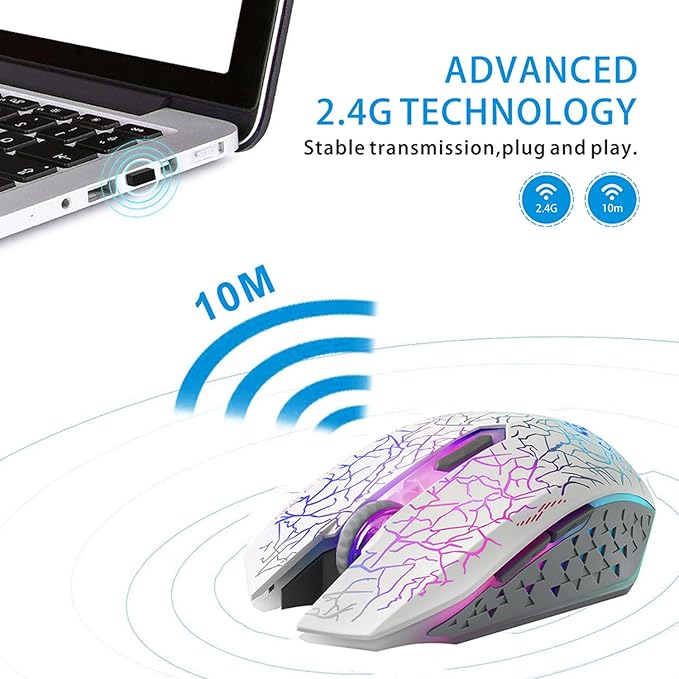 TENMOS M2 Wireless Gaming Mouse, Silent Rechargeable Optical USB Computer Mice Wireless with 7 Color LED Light, Ergonomic Design, 3 Adjustable DPI for Laptop/PC/Notebook, 6 Buttons (White)