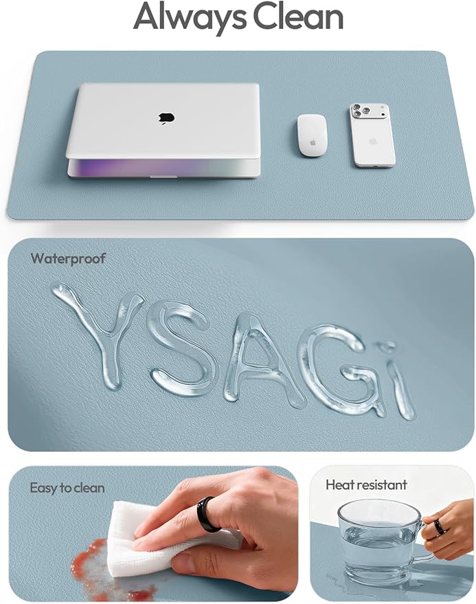 YSAGi Leather Desk Protector, Office Mat, Large Mouse Mat, Non-Slip PU Leather Blotter, Laptop Pad, Waterproof Writing Pad for Office and Home (Ice Blue, 47" x 17")