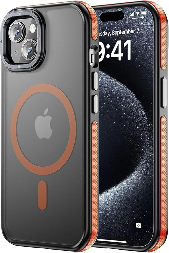 Tigowos for iPhone 15 Phone Case Fits MagSafe 10FT Drop Resistant Matte Skin Feeling Back Cover for iPhone 15 Case，Bumper Orange