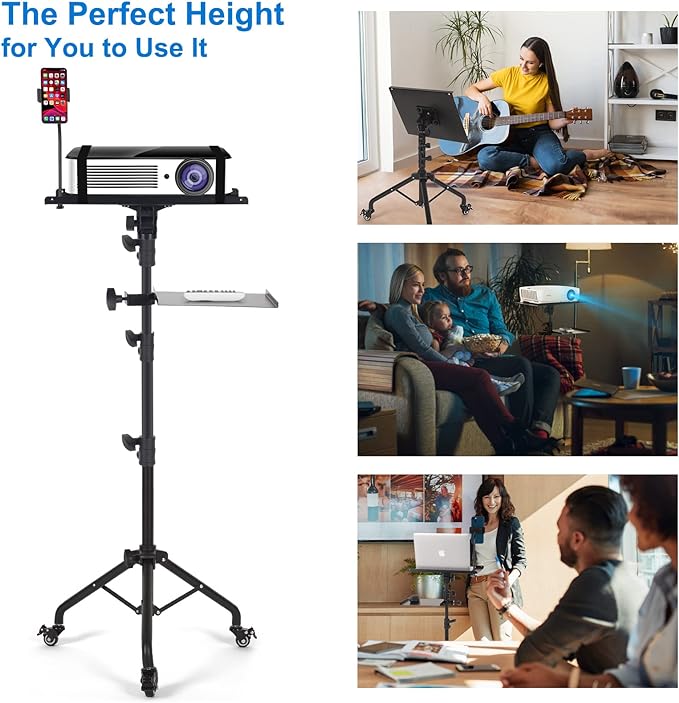 Tossbiss Laptop Tripod on Wheels with 2 Shelves, Portable Projector Floor Stand Adjustable Height 25.9 to 51.8 Inch with Phone Holder