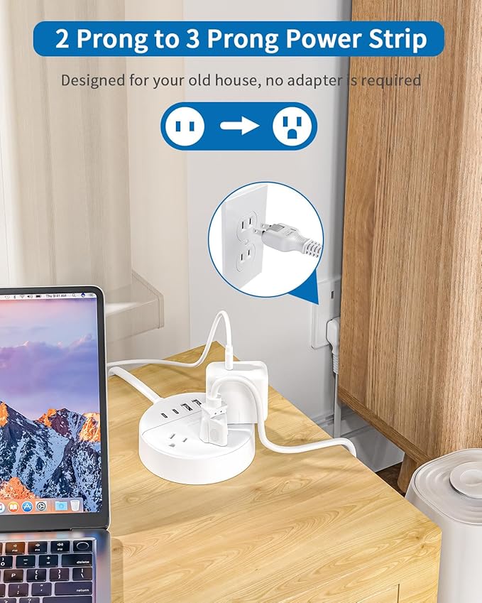NTONPOWER 2 Prong Power Strip with USB-C, 1875W/15A, 180° Rotating Plug, Two Prong Power Strip, 2 Prong to 3 Prong Outlet Adapter, 3 Outlets 4 USB, Extension Cord 5 feet, Ideal for Old House