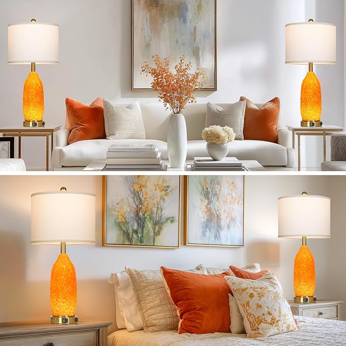 Rinweey 26" Modern Orange Glass Table Lamp Set of 2,Bedside Lamps with USB A+C Ports & AC Outlet, Nightstand Lamp with 3-Way Dimmable Touch Control Night Light for Bedroom Living Room(Bulbs Included)
