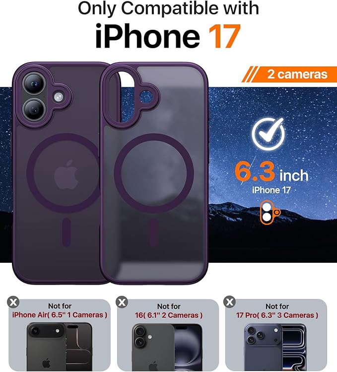 Magnetic for iPhone 17 Case,[Anti-Slip][Compatible with MagSafe][Military Grade Drop Protection] Shockproof Protective Translucent Matte Phone Case for iPhone 17 Case,Deep Purple