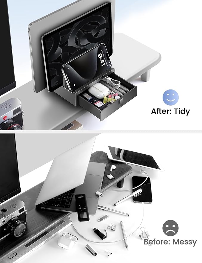 Vaydeer Vertical Laptop Stand with Drawer,Dual Slots Plastic Laptop Holder Storage with Space Saving 4-in-1 Design,Adjustable Laptop Organizer Stand for Desk,Supports MacBook,Chromebook,Surface,Dell