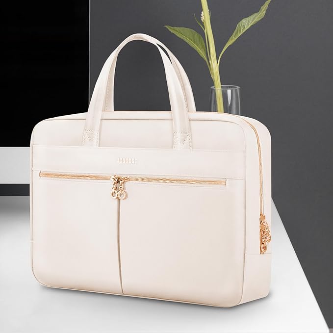 Ferkurn Laptop Bag Case Women Men Computer Bag Compatible with MacBook/HP/LG/Dell, Shoulder Strap Slim Carrying Messenger Briefcase, Beige, 15.6-16 Inch