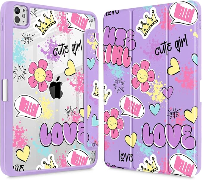 May Chen for iPad Pro 13 Inch Case M5 2025 / M4 2024, Built Pencil Holder & Clear Transparent Print Back Shell Slim Stand Shockproof Tablet Cover, Auto Wake/Sleep, Cute Girl Pattern
