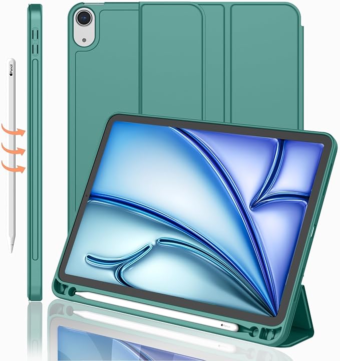 iMieet iPad Air 11 Inch Case M4/M3/M2(2026/2025/2024), iPad Air 5th/4th Generation Case 2022/2020 10.9 Inch with Pencil Holder,Trifold Stand Smart Case with Soft TPU Back(Forest Green)