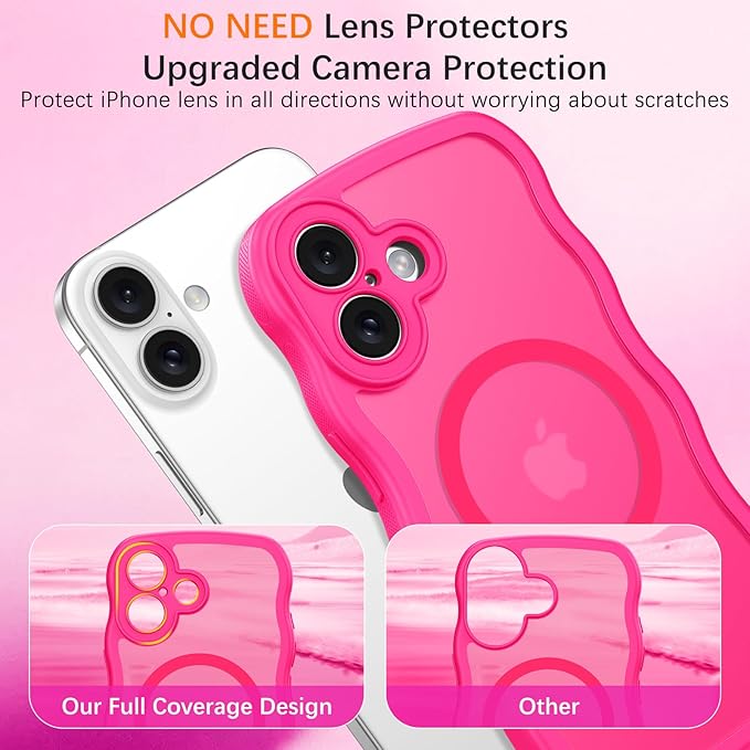 BENTOBEN Magnetic for iPhone 17 Case, Cute Wavy Full Camera Protection [Compatible with MagSafe] Translucent Matte Anti-Slip Bumper Women Girls Boys Protective Cover for 17 6.3",Hot Pink