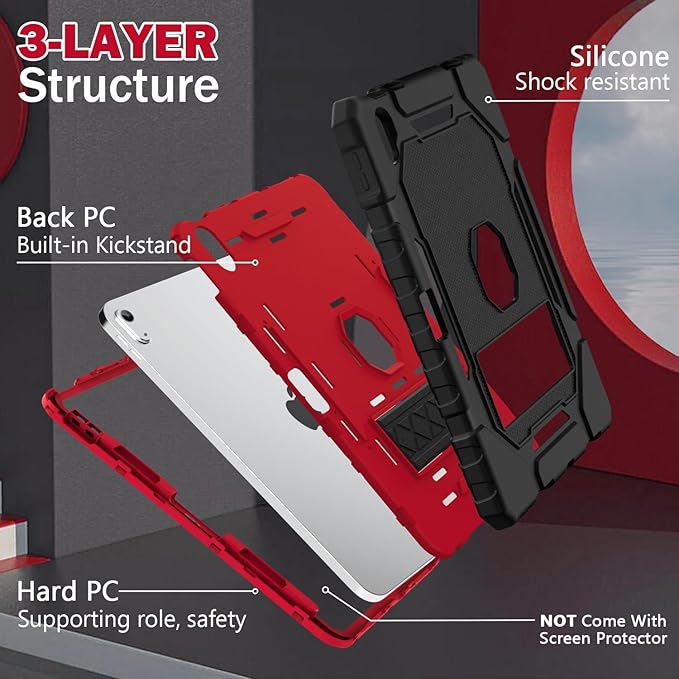 ZoneFoker Case for iPad (A16) 11th/10th Generation 11/10.9 inch 2025/2022, Heavy Duty Military Grade Shockproof Rugged Cover with Pencil Holder/Stand for i Pad 11th / 10 th Gen (Black+Red)