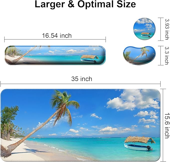 Keyboard Wrist Rest + Mouse Pad with Wrist Support + Desk Mat + Coaster 4 in 1 Set, XXL Large Gaming Mousepad Cute Ergonomic Mouse Pads for Desk Computer Laptop Office Decor-Blue Sea