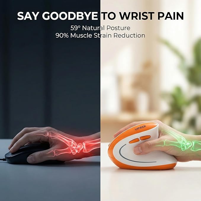 Uineer Ergonomic Mouse, Wireless Bluetooth Rechargeable Vertical Mouse, 7 Color LED, 4 DPI Adjustable, USB-A, Wrist Strain Relief,Optical Mice for Computer/PC/Laptop, Black (Orange)